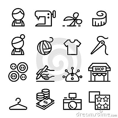 Fashion design , tailor , Dressmaker , sewing icons set in thin Cartoon Illustration