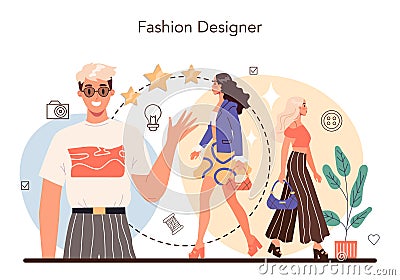 Fashion designer concept. Professional tailor sewing or fitting clothes. Vector Illustration