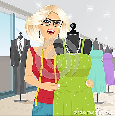 Fashion designer draping a mannequin with a gown Vector Illustration