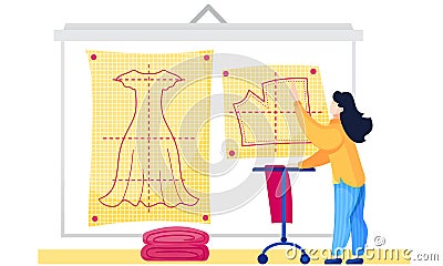 Fashion designer making a pattern on yellow paper. The girl points to the image of the dress scheme Stock Photo