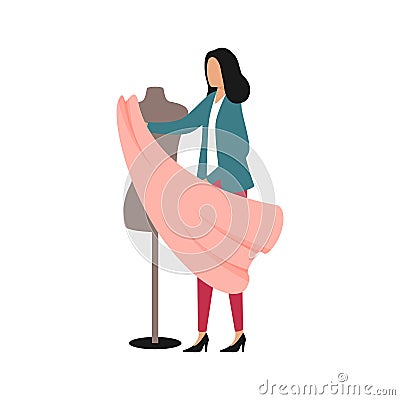 Fashion designer trying on fabric on a mannequin. Flat vector illustration. Woman holds in her hands a cut of textile for tailorin Vector Illustration