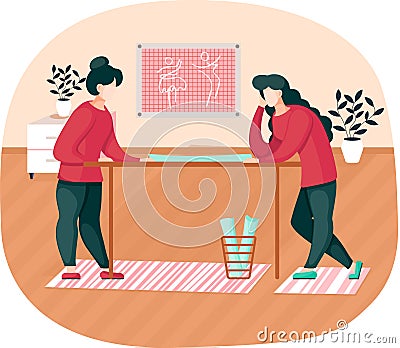 Fashion designers making model. Dressmakers confer standing near table looking at clothes pattern Vector Illustration