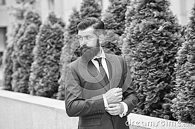 A fashion destination. Confident and handsome. serious bride groom fixing cuffs. brutal male beauty. formal and office Stock Photo