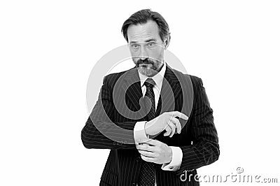 Fashion details. Must be perfect. Get ready for date. Male fashion. Businessman broker formal suit. Handsome bearded man Stock Photo
