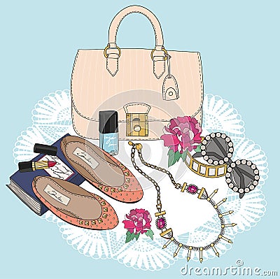 Fashion essentials. Background with bag, sunglasse Vector Illustration