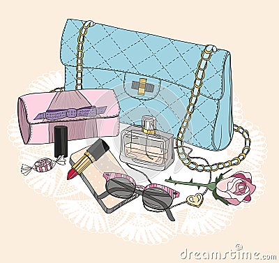 Fashion essentials. Background with bag, sunglasse Vector Illustration