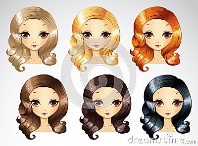 Fashion Evening Curls Hairstyling Set Vector Illustration