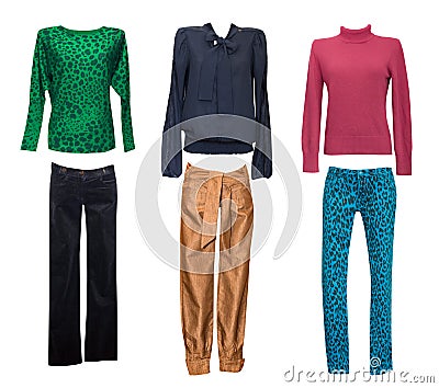 Fashion female clothes set. Woman clothes collage isolated. Stock Photo