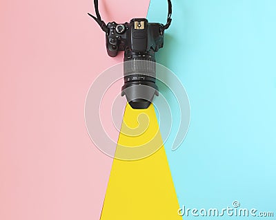 Fashion Film Camera. Hot Summer Vibes. Pop Art. camera. Hipster Trendy Accessories. Sunny summer Still life. Stock Photo