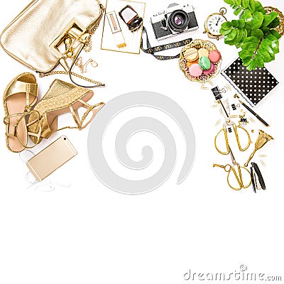 Fashion flat lay Feminine accessories bag shoes office desk Stock Photo