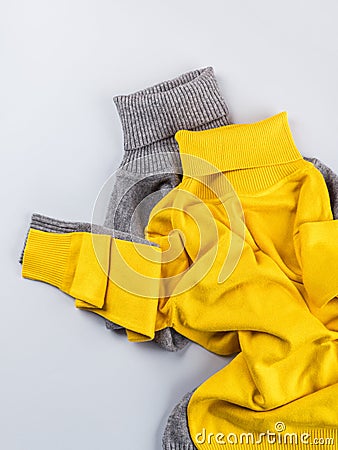 Fashion flat lay gray yellow turtle neck match Stock Photo