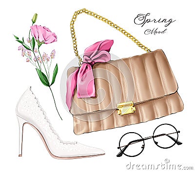 Fashion flat lay set with bag, female shoe, eyeglasses and flower. Fashion illustration. Cartoon Illustration