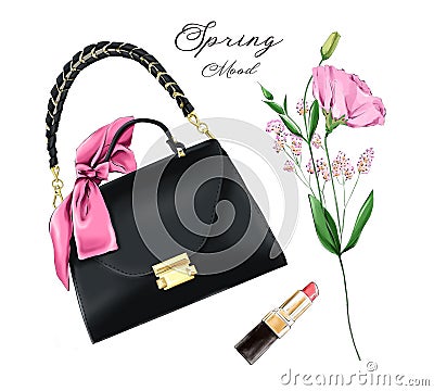 Fashion flat lay set with bag, lipstick and flower. Fashion illustration. Cartoon Illustration