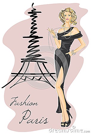 Fashion girl in black dress near eiffel tower Cartoon Illustration