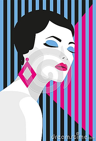 Fashion girl. Bold, minimal style. Pop Art. OpArt, positive negative space and colour. Trendy strips.Vector illustration Vector Illustration