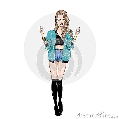 Fashion girl in a bomber Vector Illustration