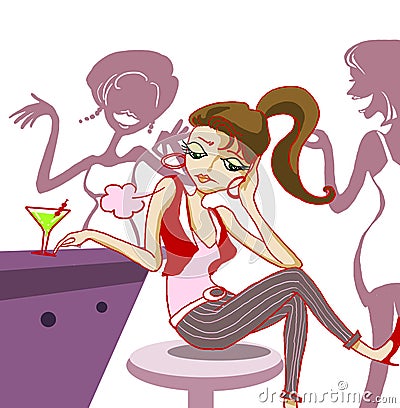 fashion girl bored in night club illustration Cartoon Illustration