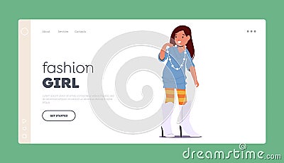 Fashion Girl, Childhood Landing Page Template. Little Girl Trying On Her Mother Boots on High Heels, Struggling To Walk Vector Illustration