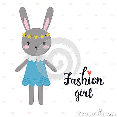 Fashion girl. Cute little bunny. Romantic card, greeting card or postcard. Illustration with beautiful rabbit with stars Vector Illustration