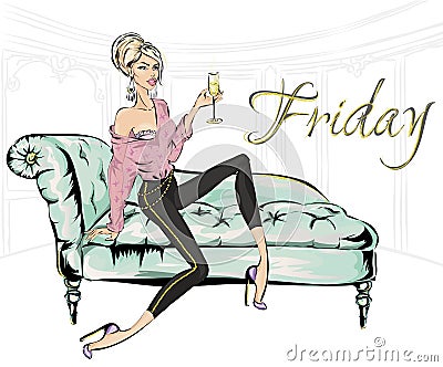 Fashion girl with glass of champagne sitting on sofa in living room. Friday home party, luxury fashion woman, glitter details vect Cartoon Illustration