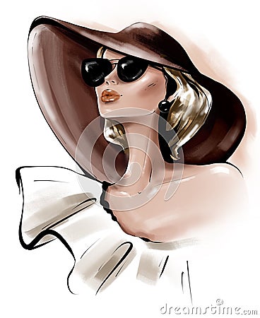 Fashion girl in hat. Stylish young woman in sunglasses. Beautiful girl. Cartoon Illustration