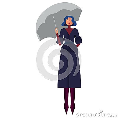 Fashion girl holding grey umbrella, wearing blue rain coat and burgundy boots Cartoon Illustration