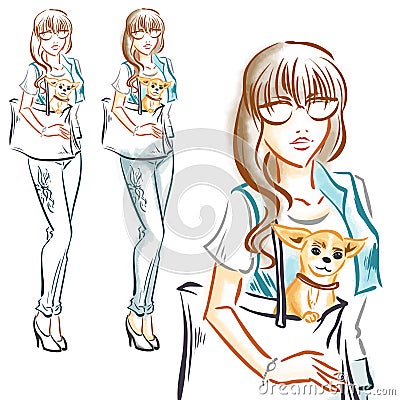 Fashion girl with little dog chihuahua Vector Illustration