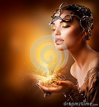 Fashion Girl Portrait. Gold Makeup Stock Photo