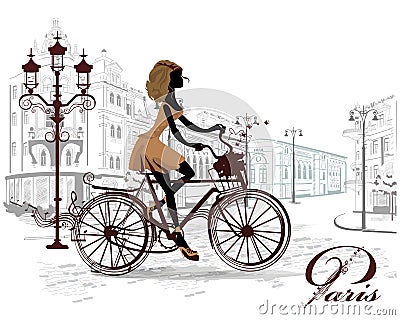 Fashion girl rides a bicycle, decorated with a musical stave Vector Illustration