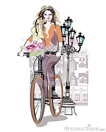 Fashion girl rides a bicycle Vector Illustration