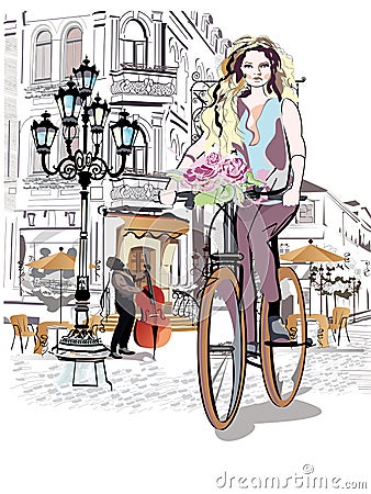 Fashion girl rides a bicycle the streets of the old town. Vector Illustration