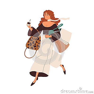 Fashion girl running with shopping bags, purse and coffee cup in hands. Modern young woman hurrying, rushing for sales Cartoon Illustration
