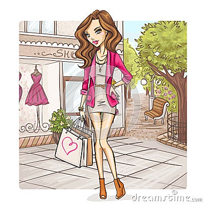 Fashion girl at shopping Vector Illustration