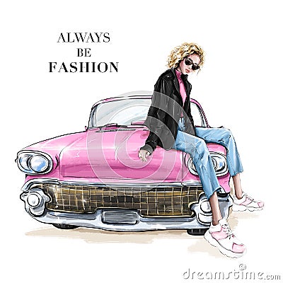 Fashion girl sitting on retro car. Beautiful blond hair girl in sunglasses. Fashion illustration. Cartoon Illustration