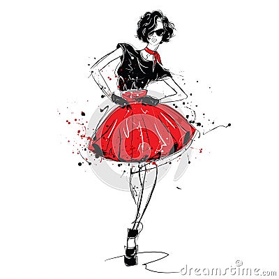 Fashion girl in sketch-style. Fashion woman portrait. Cartoon Illustration