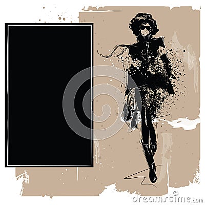 Fashion girl in sketch-style. Fashion woman portrait. Vector Illustration