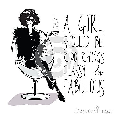 Fashion girl in sketch-style with fashionable quote. Vector Illustration