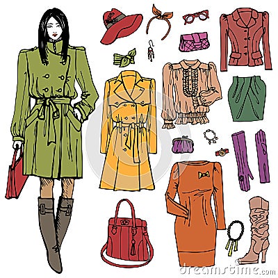 Fashion girl and street clothing set.Colored Vector Illustration