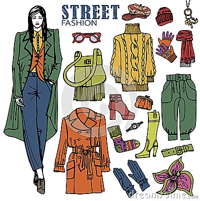 Fashion girl and street clothing set.Colored Vector Illustration