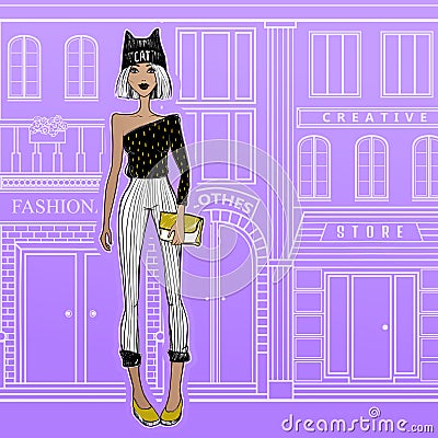 Fashion girl on the streets of Paris, walking to the shops. Vector Illustration