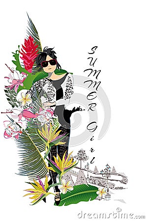 Fashion girl with tropical leaves and flowers. Vector Illustration