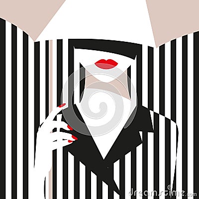 Fashion girl with an umbrella. Bold, minimal style. Pop Art. OpArt, positive negative space and colour. Trendy strips Vector Illustration