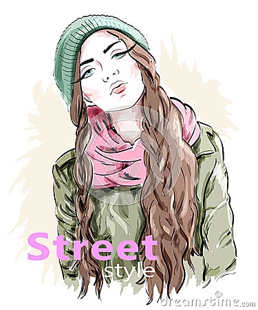 Fashion girl wearing modern knit cap and jacket. Street style clothes. Sketch. Vector Illustration