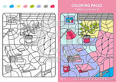 Fashion girl world coloring pages for kids, workplace. Vector Illustration