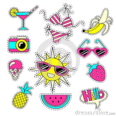 Fashion girlish patch badges with strawberry, watermelon, sunglasses, ice cream, camera, sun, banana, swimsuit, pineapple, cocktai Vector Illustration