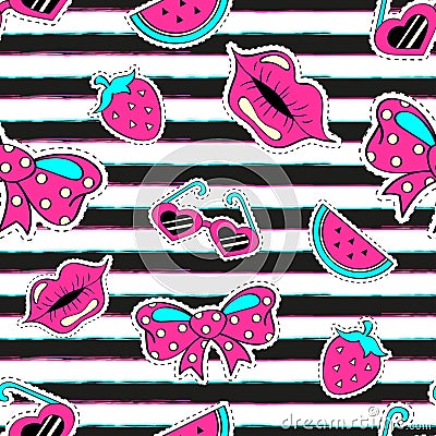 Fashion girlish seamless pattern with hearts, lips, strawberry, watermelon, sunglasses, bow. Striped background in cartoon 80s-90s Vector Illustration