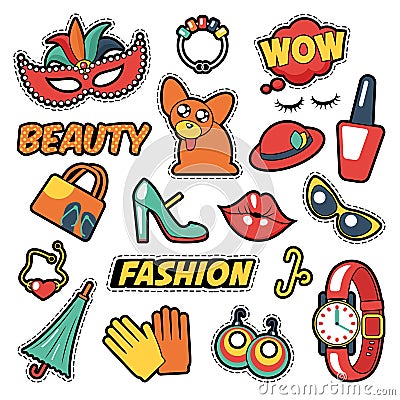 Fashion Girls Badges, Patches, Stickers - Comic Bubble, Dog, Lips and Clothes in Pop Art Comic Style Vector Illustration