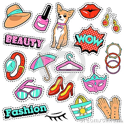 Fashion Girls Badges, Patches, Stickers - Comic Bubble, Dog, Lips and Clothes in Pop Art Comic Style Vector Illustration