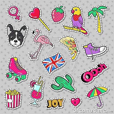 Fashion Girls Badges, Patches, Stickers with Flamingo Bird, Pizza Parrot and Heart Vector Illustration