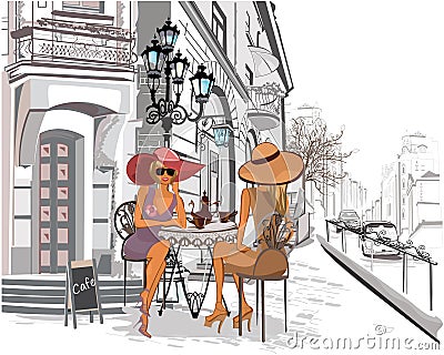 Fashion girls in the street cafe. Vector Illustration